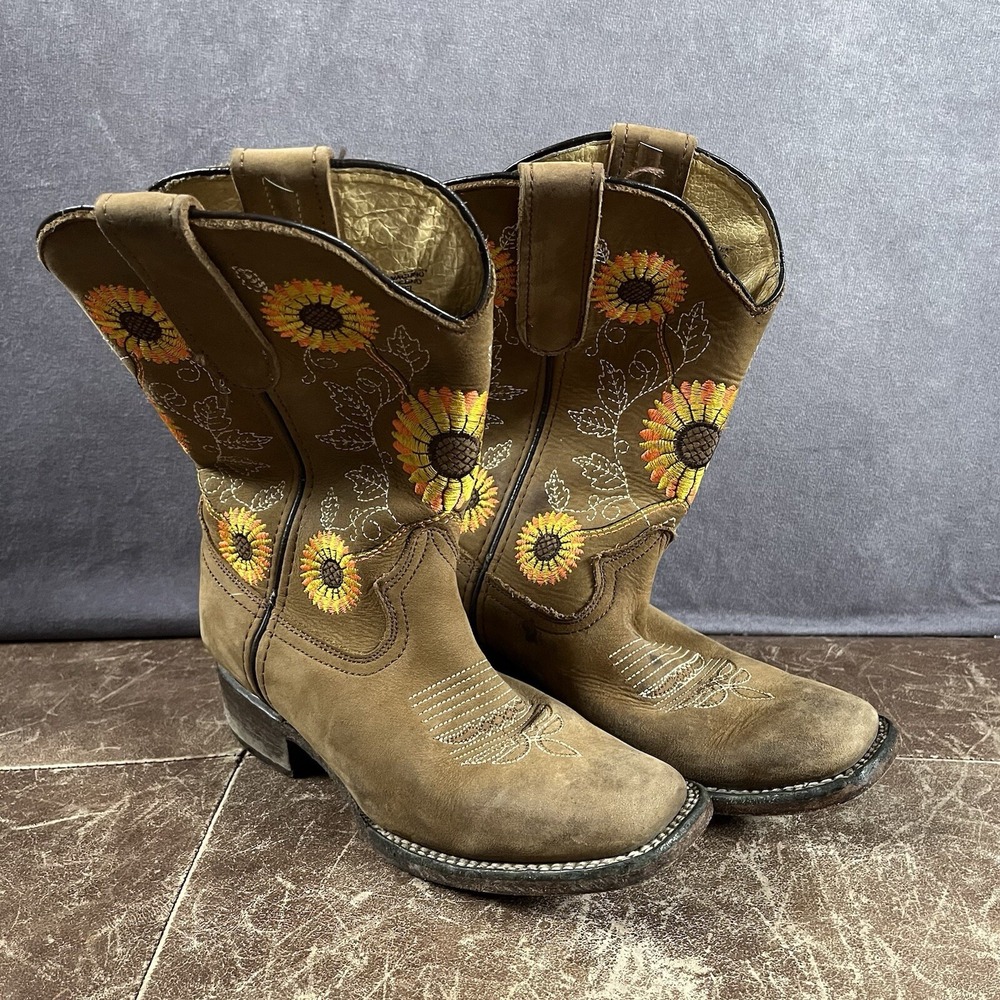 Potrero Cowboy Boots Women 6 Tan Leather Embroidered Sunflower Square Toe Nubuck